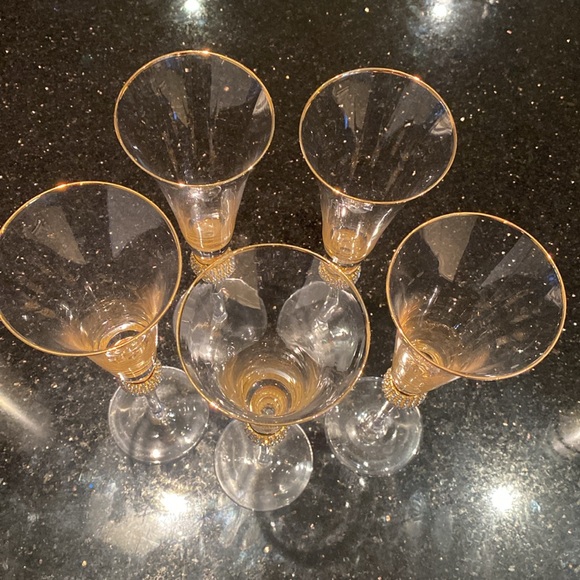 🍾SET OF 5 GOLD RIM,SPARKLING CRYSTALS+CLEAR CHAMPAGNE,FLUTE LONG STEM GLASSES 🥂 - Picture 3 of 3